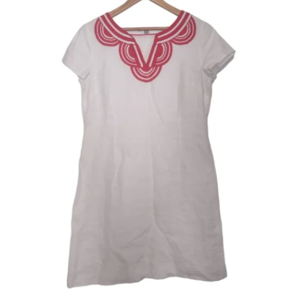 Boden women's size 6R White Peasant Linen style Dress w/ Red embroidered-Lined - Picture 1 of 9